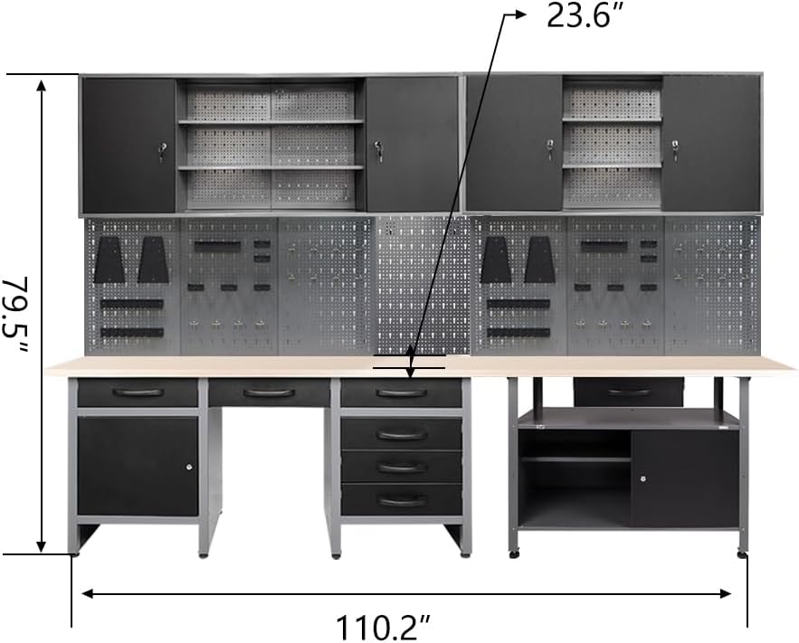 JZD Metal Storage Organization System, Wall Mount Tool Cabinets, Wood Tabletop, for Garage Basement