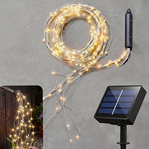 soltuus Solar Fairy String Lights Outside, Multi Strand 180 LEDs Watering Can Light for Outdoor, Waterproof Solar Powered Waterfall Lights, Firefly Bunch Lights for Garden Decor, Warm White