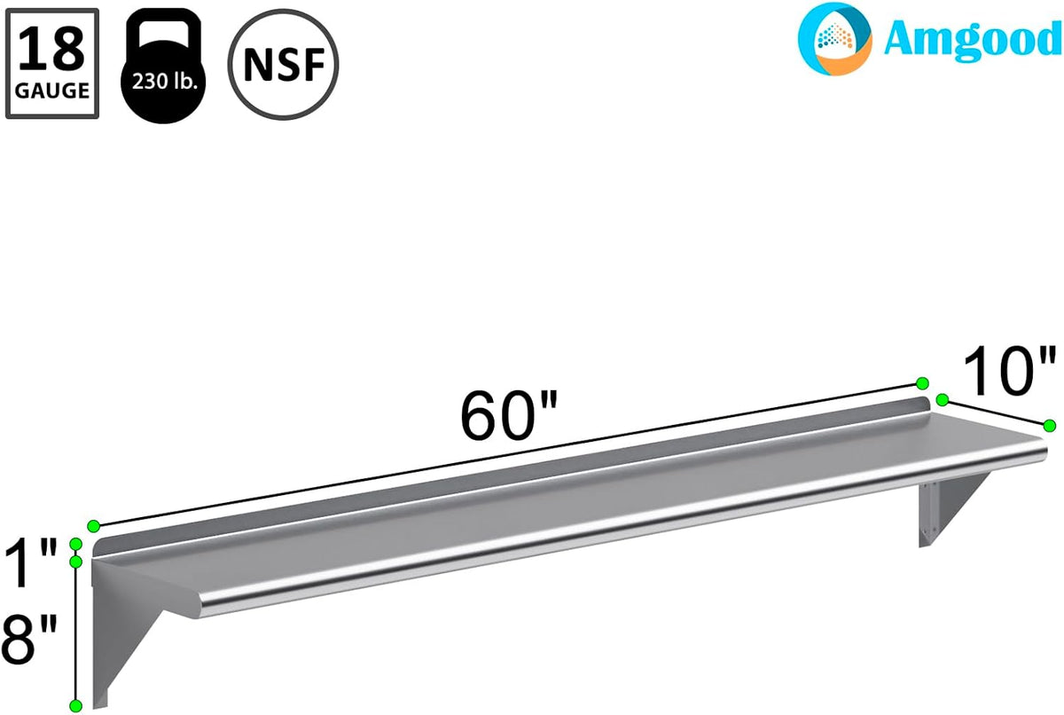 AmGood 60" Long X 10" Deep Stainless Steel Wall Shelf | NSF Certified | Appliance & Equipment Metal Shelving | Kitchen, Restaurant, Garage, Laundry, Utility Room