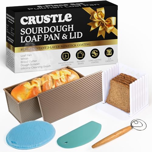 CRUSTLE 5-Pack Pullman loaf pan with Lid – Sourdough Loaf Pan Set, Includes Dough Scraper, Whisk, Silicone Cleaning Brush & Bread Cutter – Long Loaf Pan with Lid for Homemade Loaf