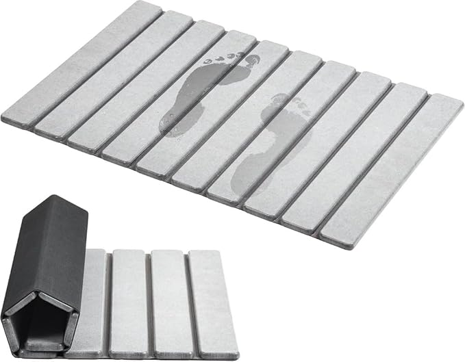 AWW Foldable Stone Bath Mat, Quick Dry Diatomaceous Earth Bath Mat with Non-Slip Mat, Super Absorbent, Easy to Clean, Compact for Small Bathrooms, 23.6 x 15.5, Light Grey