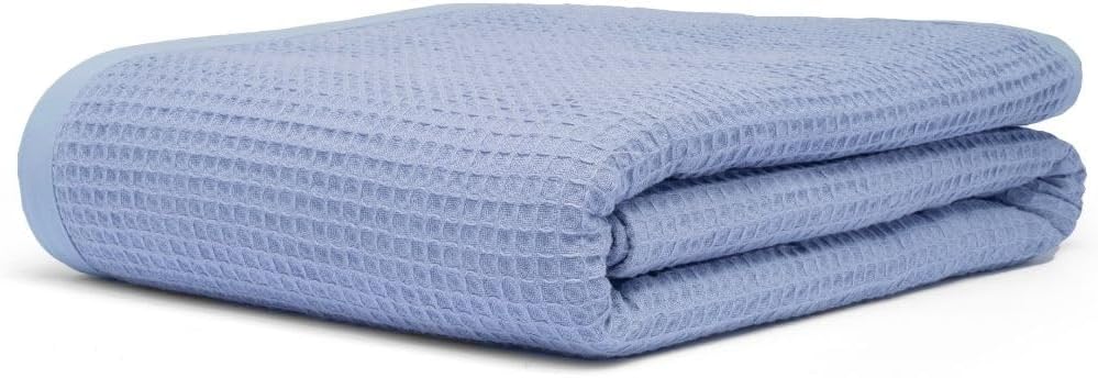 GOTS Certified Organic Cotton Waffle Weave Cozy Throw Blanket for Twin Bed & Couch - 66"X90", Modern Home Decor - Powder Blue