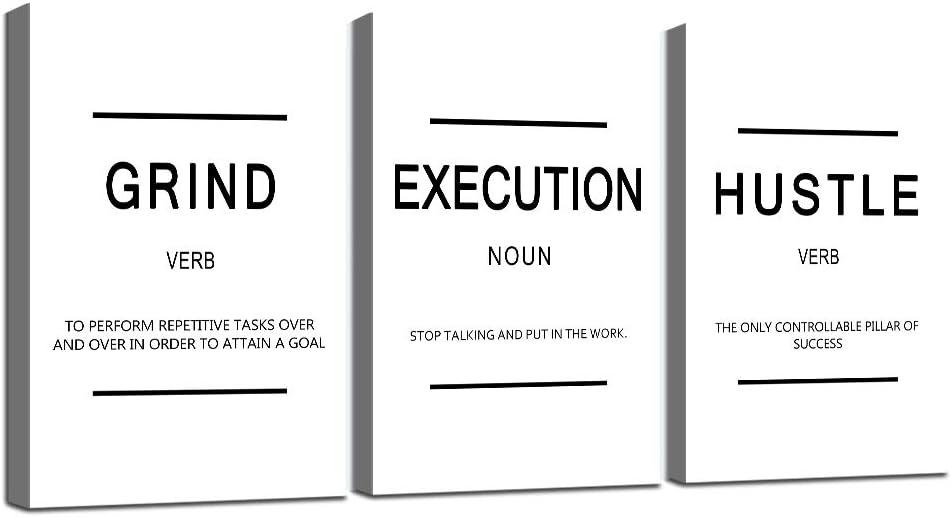 Framed Canvas Wall Art Success Quote, Office Wall Art, White Large Poster, Positive Motivational Set of 3 Prints, Grind Execution Hustle Poster, Inspirational Print