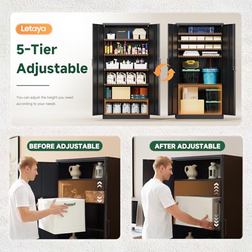 Letaya Metal Storage Cabinets with Lock Doors,Tall Locker Organizer Steel Garage Cabinets, 5 Adjustable Layers Shelves for Home, Office, Warehouse,Tool,Industrial(Black)