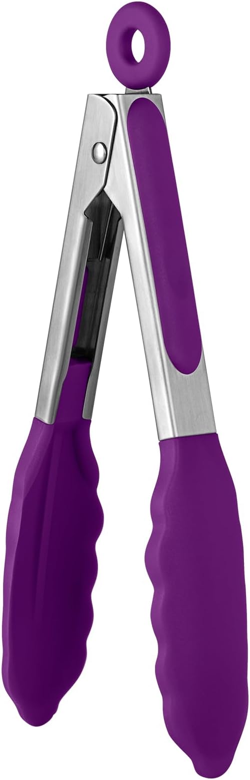 600ºF Heat Resistant Kitchen Tong: U-Taste 7 inch Silicone Cooking Tong with Firm Sealed Non Stick Rubber Tips & Silicon Coated 18/8 Stainless Steel Handle & Smooth Locking for Serving Salad (Purple)