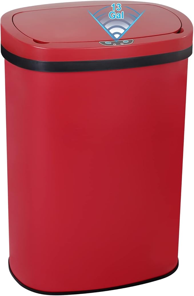 Bigacc 13 Gallon 50L Touch Free Automatic Stainless Steel Trash Can Garbage Can Metal Trash Bin with Lid for Kitchen Living Room Office Bathroom, Electronic Motion Sensor Automatic Trash Can - Red