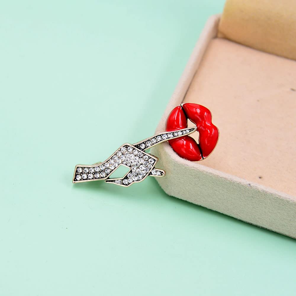 Sexy Red Lips Brooch Rhinestone Quiet Gestures Statement Brooches Lapel Pins Elegant Dress Accessories Suit Tie Art Deco Fashion Imitation Cubic Zirconia Jewelry Lover Gift for Women Girls
