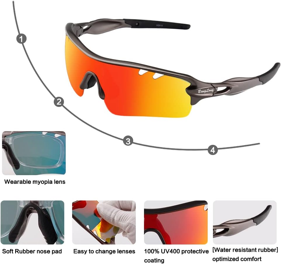 BangLong Polarized Sports Sunglasses Cycling Sun Glasses for Men Women with 5 Interchangeable Lenes for Running Baseball Golf