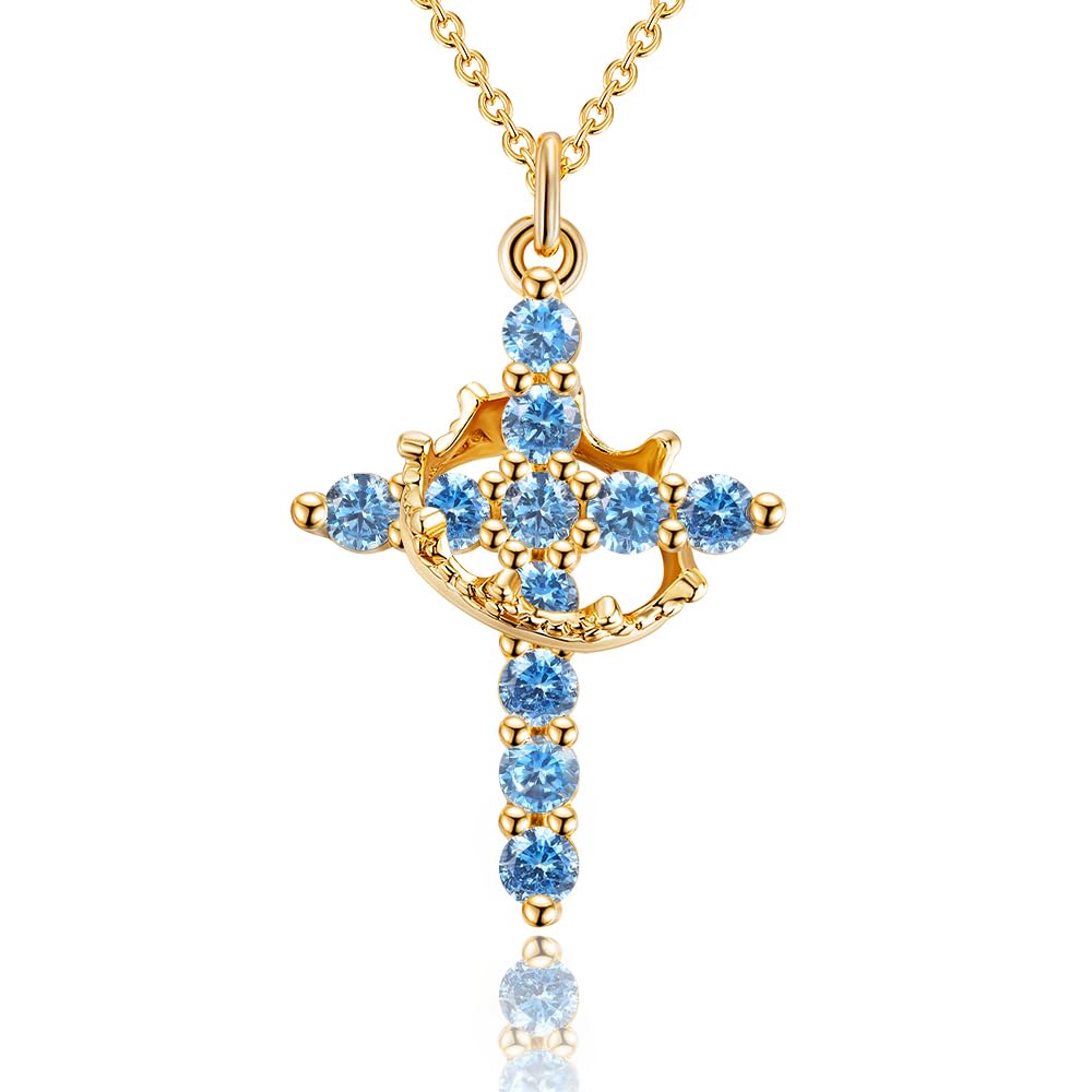 Robaice Birthstone Crown Cross Necklace for Women, Gold-Plated Christian Faith Necklace, Cross Jewelry Gift for Women, December Blue Zircon Gift