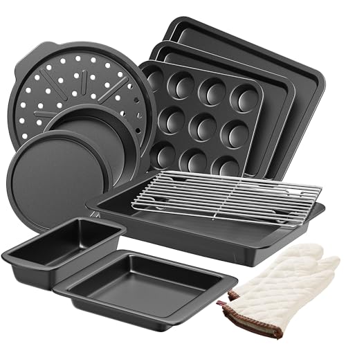 HONGBAKE Bakeware Sets, Baking Pans Set with Kitchen Oven Mitts, Nonstick Oven Pan for Kitchen with Wider Grips, 12-Piece Including Rack, Cookie Sheet, Cake Pans, Loaf Pan, Muffin Pizza Pan