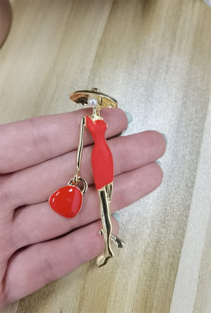 Fashion Lady in Red Brooch Pin for Women Girls Cute Enamel Brooches Lapel Pins Hat Bag Dress Accessories Holiday Party Jewelry Gift