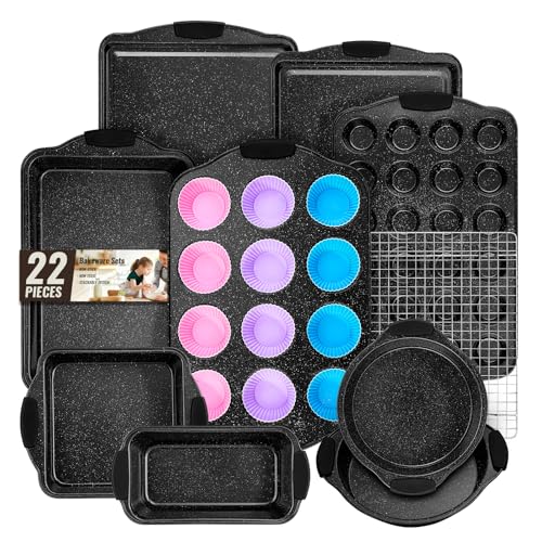 Baking Pans Set Nonstick, Bakeware Sets Stackable with Silicone Handles, AIVIKI 22 Pieces Oven Pan for Cooking Including Baking Cookie Sheet with Rack, Roast Pan, Cake Pan, Loaf Pan, Muffin Pan, Black