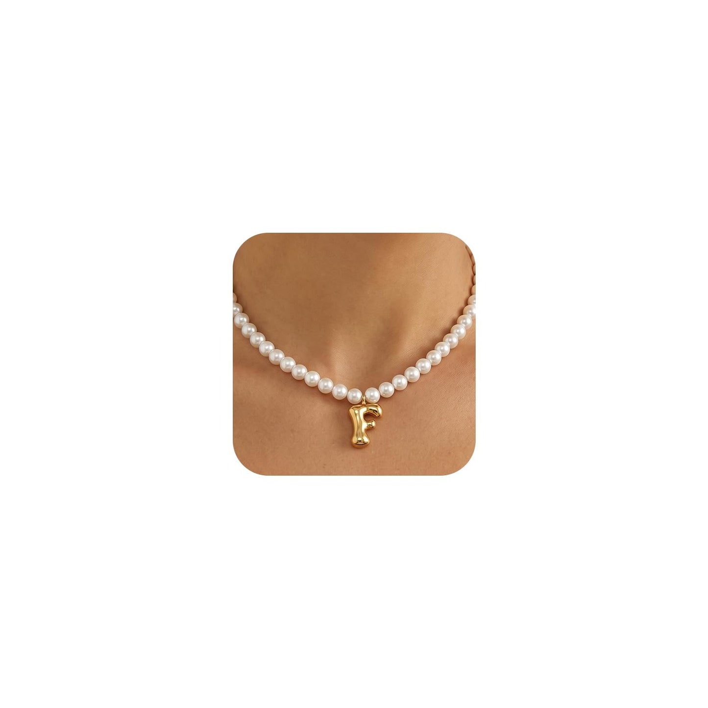 DoDoBeads Pearl Initial Necklace, 18K Gold Plated Stainless Steel Balloon Letter Pendant F, Non-Tarnish Waterproof Chunky Monogram Jewelry Gifts for Women Teens