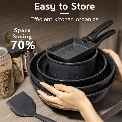 GiPP Ceramic Pots and Pans Set Non Stick, Nonstick Detachable Handle Cookware Sets, Healthy Non Toxic PFAS PFOA & PTFE Free, Dishwasher ＆Oven Safe, Induction Kitchen Pot and Pan, 17 Piece Gray