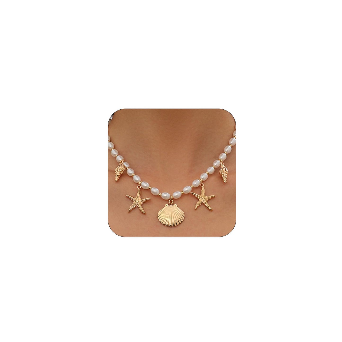 Dainty Gold Starfish Conch Oval Pearl SeaShell Necklace for Women Trendy, Statement Boho Shell Pearls Beaded Chain Necklaces Holiday Beach Party Jewelry (Gold)