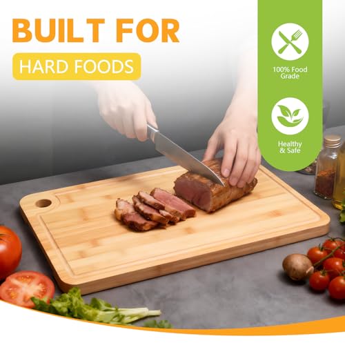 Bamboo Cutting Boards for Kitchen 14.9" x 9.6", Reversible Wood Cutting Board with Juice Groove & Side Handles, Chopping Board for Meat & Cheese, 100% Organic Bamboo
