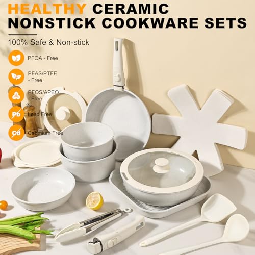 Tibbicc 20-Piece Ceramic Nonstick Cookware Set – Induction Compatible, Non-Toxic Pots & Pans with Removable Handles, Dishwasher & Oven Safe Stackable RV/Camping Cookware Cream White