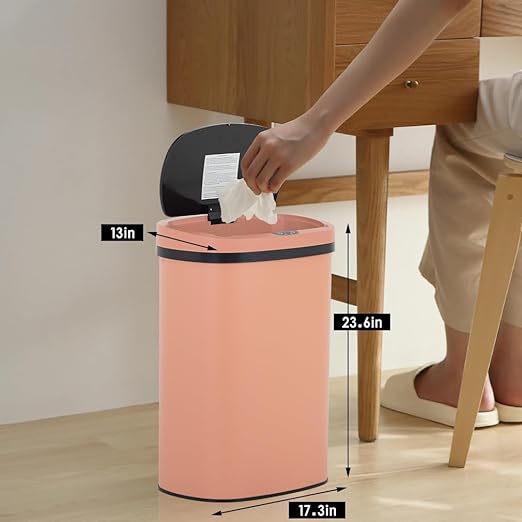 BestOffice | 13 Gallon Stainless Steel Trash Can with Lid | Pink | Automatic Touchless Garbage Can | Odor Control | Modern Oval Design | Easy to Clean | Fits Any Kitchen, Bathroom, Office or Home