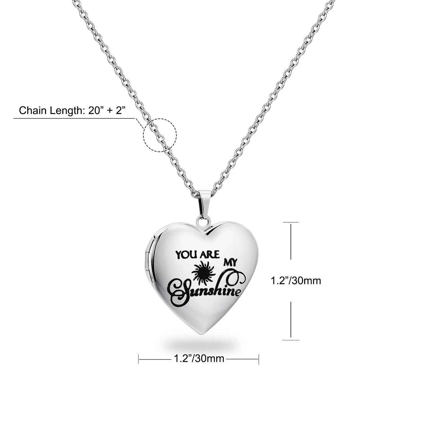 PHOCKSIN Silver Heart Locket Necklace You Are My Sunshine Personalized Love Heart Necklace that Holds Pictures Customized Gifts Locket Necklaces for Birthday