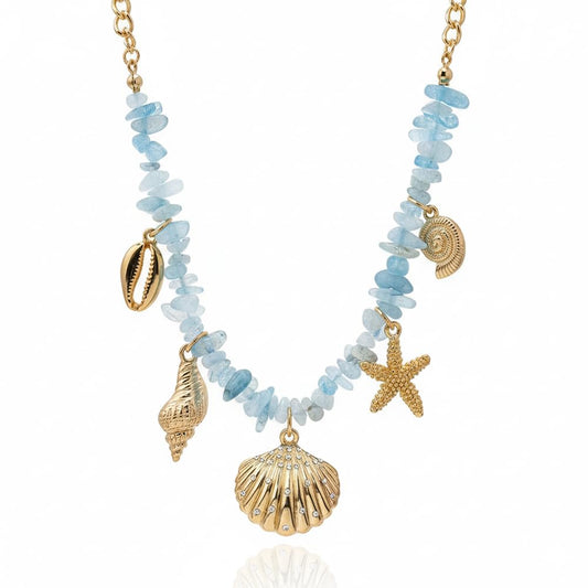 MERGEWORLD Dainty Gold Sea shell Necklace For Women – Ocean Charm Jewelry for Women, Delicate Starfish Beach Necklace with Sea Blue Natural Stone, Elegant Beach Gifts & Everyday Gold Chain