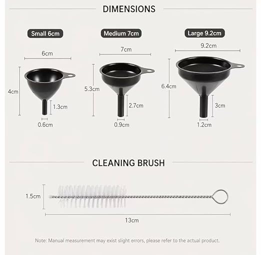 Stainless Steel Funnels Set Kitchen Funnels 3 Piece Set Small Medium Large Black Funnel for Dry Ingredients for Liquids (Black-with Brush)