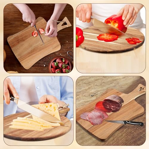 Hsei 2 Pcs Acacia Wood Cutting Board with Handle Wooden Charcuterie Board Large Paddle Carving Chopping Set Butter Serving Tray for Cheese Meat Fruit Pizza Bread Baking(Practical Handle)