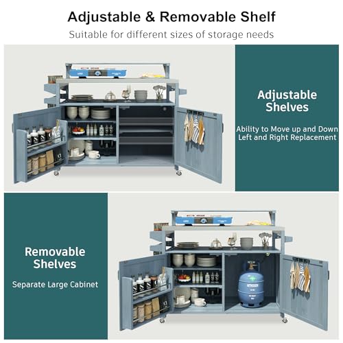 Merax 53.3" Outdoor Kitchen Island with Raised Shelf, Solid Wood Storage Cabinet with Stainless Steel Top, Rolling Grill Cart, Adjustable Shelf, Grey Blue