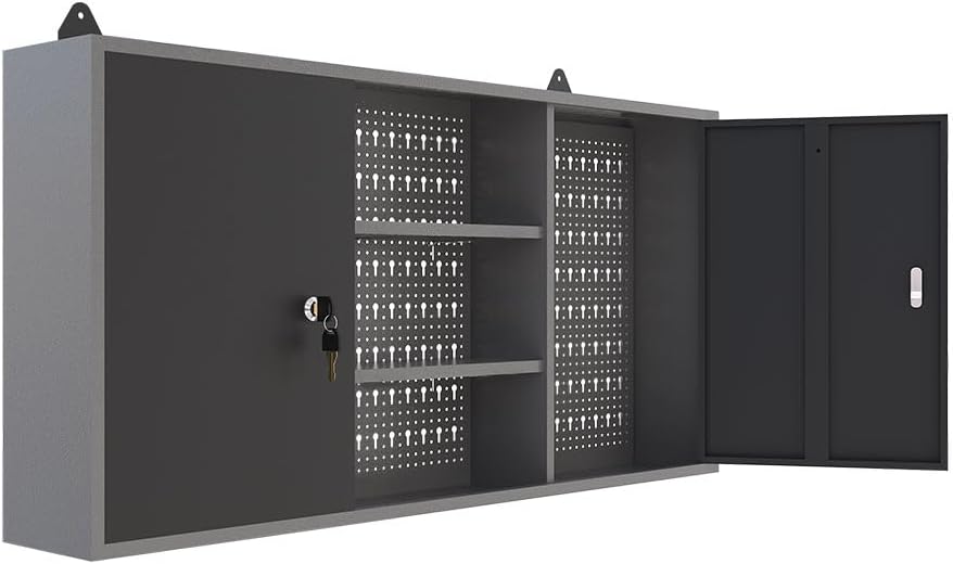 JZD Metal Storage Organization System, Wall Mount Tool Cabinets, Wood Tabletop, for Garage Basement