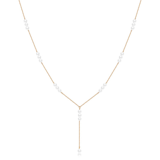 Caenyo Pearl Lariat Necklace for Women, 14K Gold Plated Dainty Y-Shaped Necklace with 3 Freshwater Cultured Pearls, Adjustable Long Drop Chain Jewelry Gift