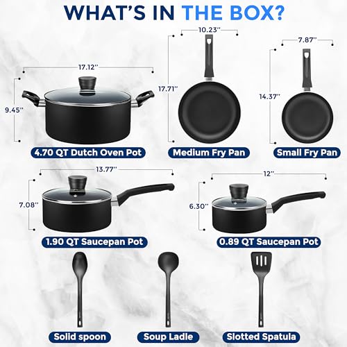 SereneLife Kitchenware Pots & Pans Basic Kitchen Cookware, Black Non-Stick Coating Inside, Heat Resistant Lacquer (11-Piece Set), One Size, Black