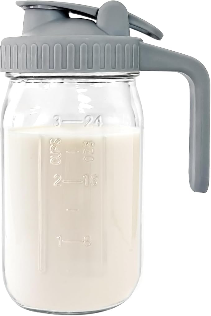 JunVpic Breast Milk Pitcher - 32 oz Glass Mason Jar with Dual Leak-Proof Design, Airtight Seal, Pour Spout & Handle, Storage Container for Breastmilk, Iced Tea & Ice Drinks（Gray）