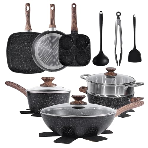Sweetcrispy 17 Pcs Nonstick Pots and Pans, Non-toxic Kitchen Cooking Set, Induction Kitchen Cookware Sets Non Stick with Stay-Cool Handles, Oven Safe, Black