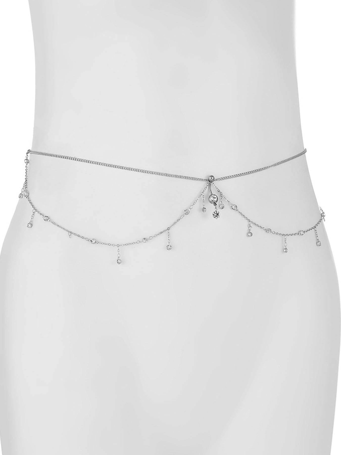 Longita Silver Waist Chain for Women Silver Belly Chain With Belly Rings Layered Stomach Chains Rhinestone Body Chain Waist Jewelry with Navel Ring