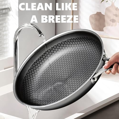 OATOFP Non Stick Frying Pans 12 inch, Hybrid Improved Version Frying Pans Nonstick with Lid,non stick Stainless Steel Skillets, Dishwasher and Oven-Safe Chef Pan, PFOA Free Cookware Improved Version