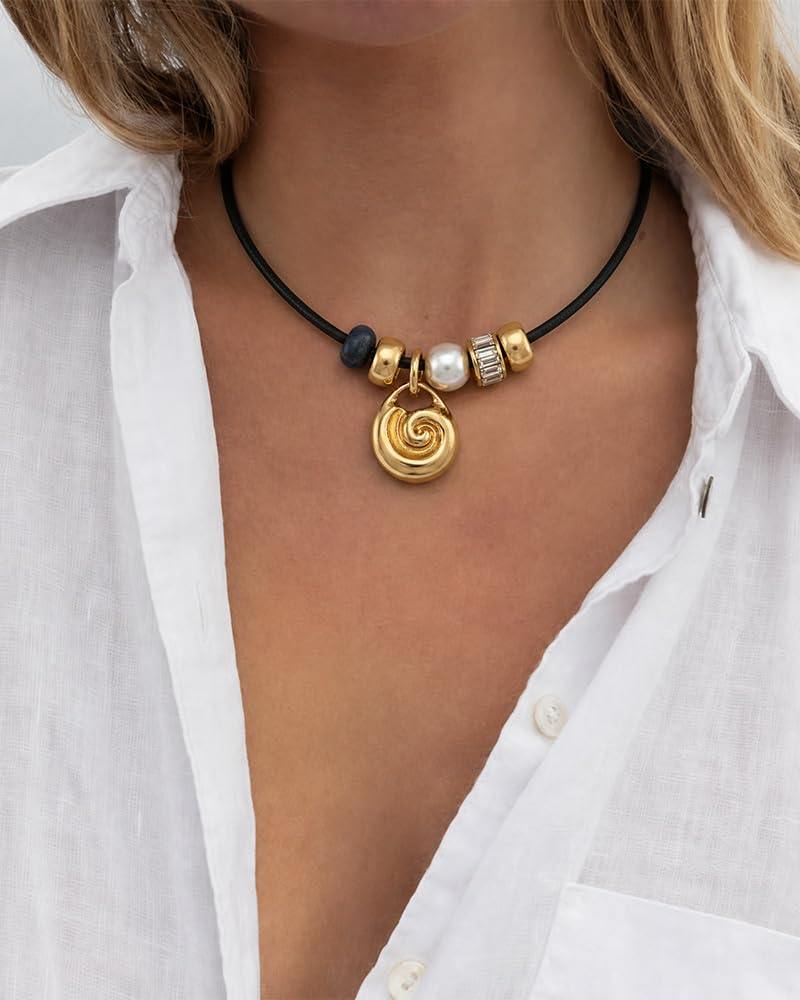 MYCUTEY Conch Shell Pendant Necklace for Women Boho Statement Spiral Necklace Adjustable Black Cord with Gold Spiral Shell Charm & Pearl Accents Trendy Summer Beach Jewelry Gifts