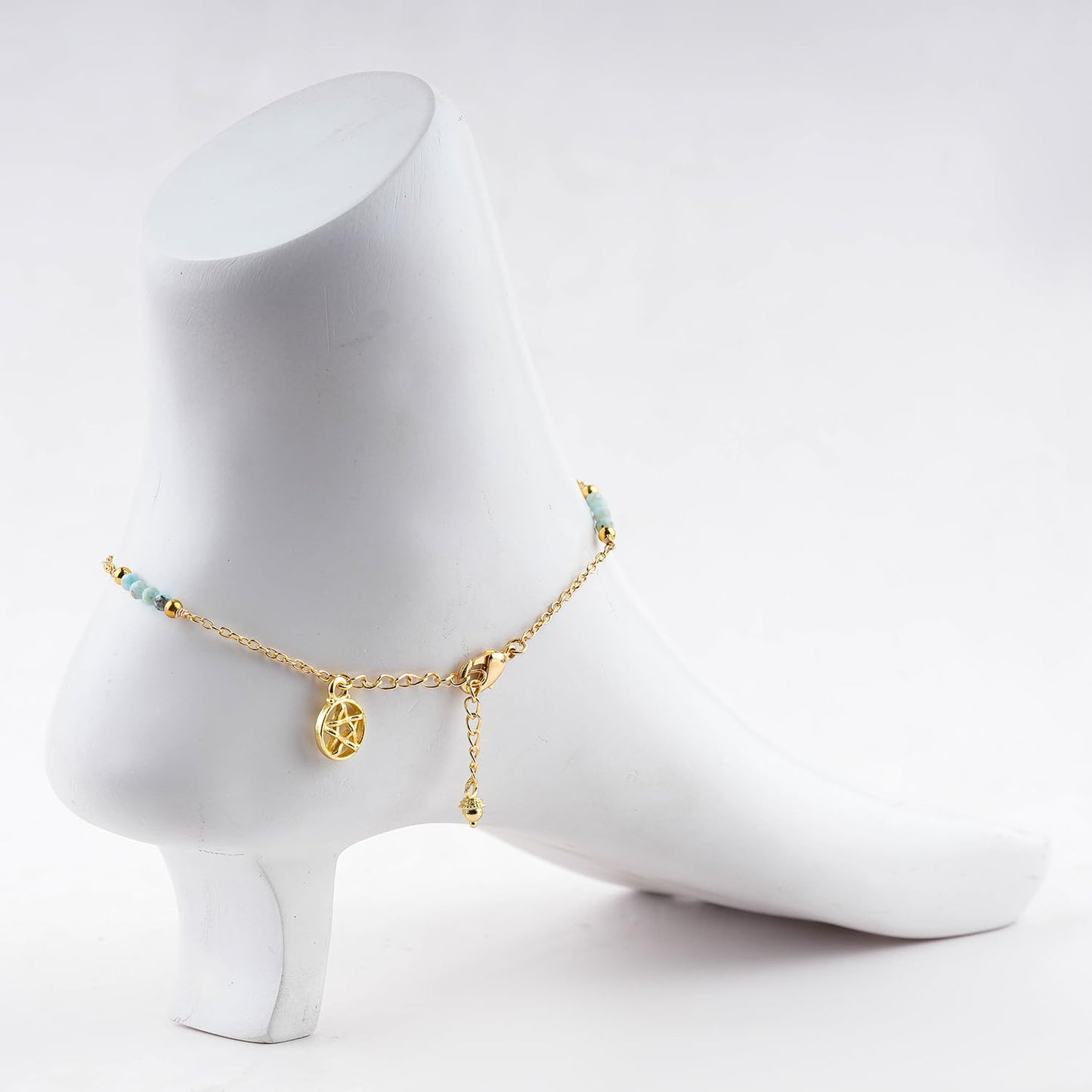 CRYSTALINES Natural Sky Blue Larimar Gemstone Beads, Handmade Station Dangle Star Charms Anklet, 14K Gold Plated, Adjustable Fashion Boho Jewelry for Women, Healing Crystals, Christmas Gift