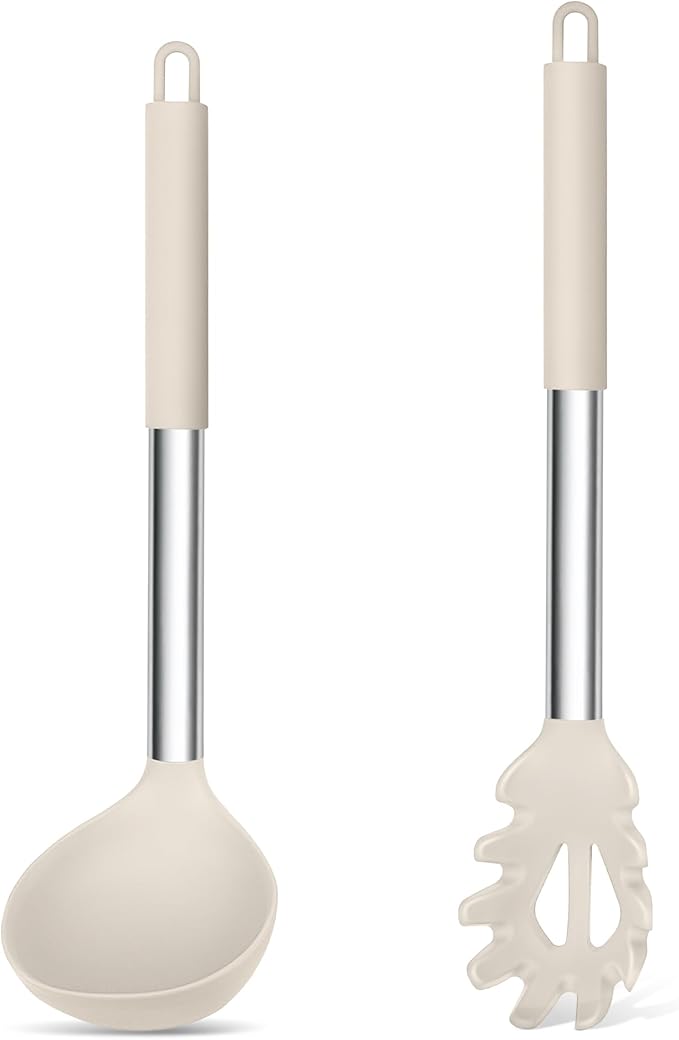 TeamFar Silicone Soup Ladle and Pasta Fork Set, 2 Pcs Large Nonstick Kitchen Cooking Utensils with Stainless Steel Handle for Draining, Serving Soup, Sauce, Spaghetti, Non-Toxic & Heat-Proof, Khaki
