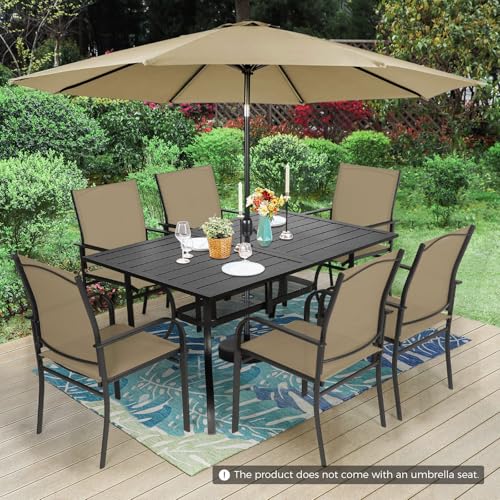 Incbruce 8 Pieces Patio Dining Set with Brown Umbrella, Outdoor Dining Set of 6 Textilene Chairs and Rectangle Table with Umbrella Hole for Backyard, Garden, and Poolside (Brown)