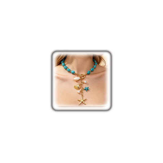 Stringex Seashell Starfish Choker Necklace for Women Boho Gold Starfish Pendant Necklaces Chunky Turquoise Beaded Long Necklace Trendy Holiday Jewelry Gifts (Teal)