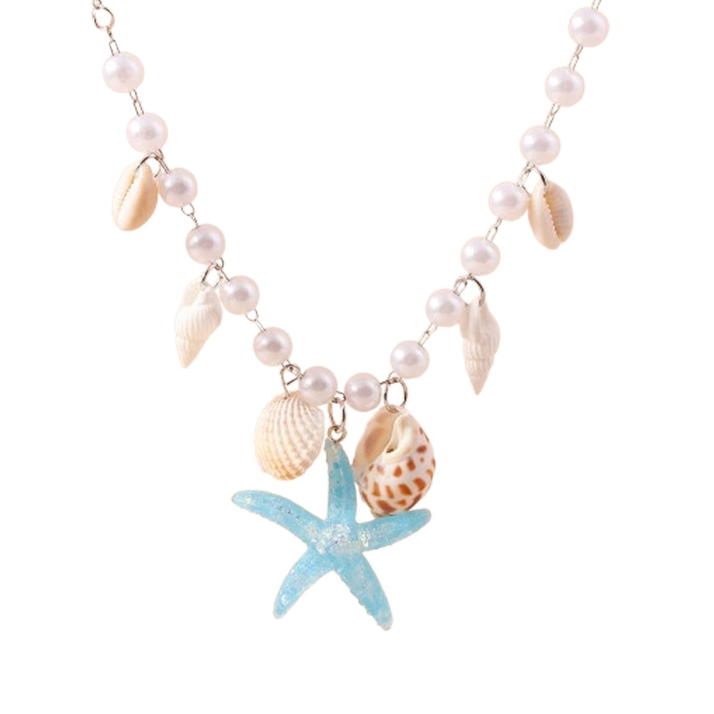 Seashell Necklace Boho Starfish Necklace Vintage Pearl Conch Choker Summer Holiday Beach Accessories Jewelry for Women (Blue)