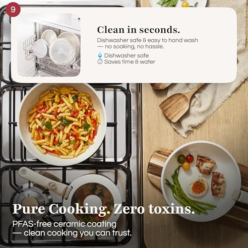 GOURMETIFIC® Pots and Pans Cookware Set [11 PIECES] - Non Toxic Ceramic Coated Cooking Ware - Induction, Gas & Oven Kitchenware - Non Stick Pot & Pan with Removable Handles & Stackable (Cream)