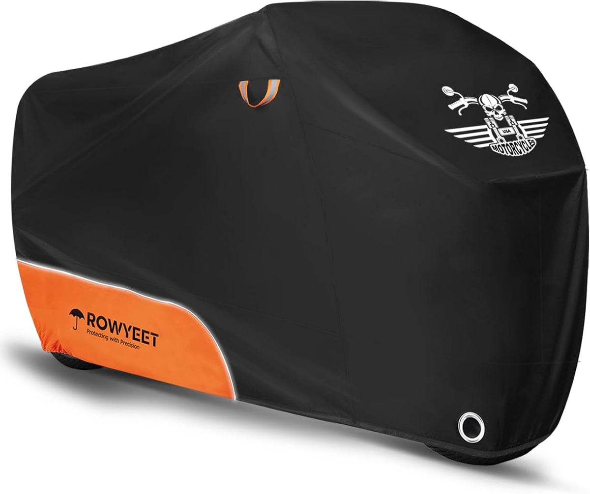 Motorcycle Cover Waterproof Outdoor Storage with Lock-Holes, Zipper Storage Bag & Night Reflective Design, All Season Protection Powersports Vehicle Covers Fits up to 104" Motorcycles