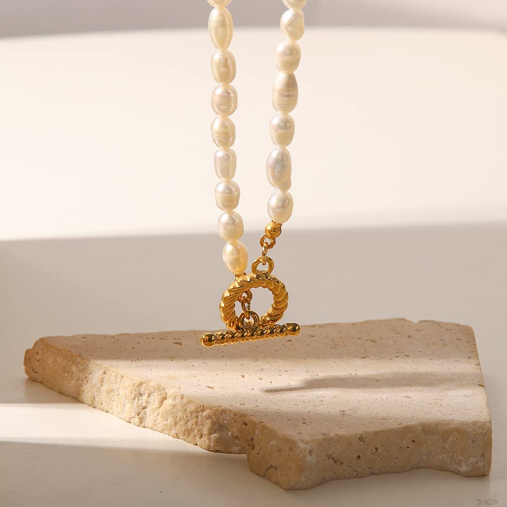 18K Gold Pearl Clavicle Necklace, OT Buckle Freshwater Pearl Beaded Necklace, Beautiful Women's Day, Birthday Gift for Wife,Girlfriend (style two, 18K)