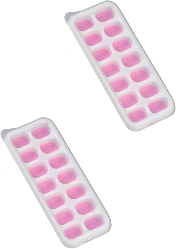 Ice Cube Tray with Lid, Easy-Release, Flexible, Ice Cube Tray, Spill-Resistant, for Freezer, Cocktail, Drinks, Coffee, 2 Pack 28 Pcs, Pink, 1.1x2.8x7.2 in