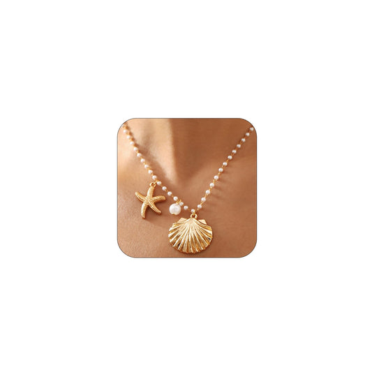 Gold Shell Starfish Beaded Pearl Necklaces for Women, Boho Sea Shell Star Beads Pearls Pendant Chain Necklace Holiday Beach Party Ocean Jewelry Gifts (Gold)