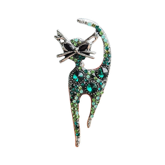 Vintage Rhinestone Cat Brooch Pin for Women Girls Silver Plated Fashion Cute Colorful Crystals Animal Kitten Brooches Lapel Pins Dress Accessories Holiday Birthday Party Unisex Jewelry Souvenir (Green)