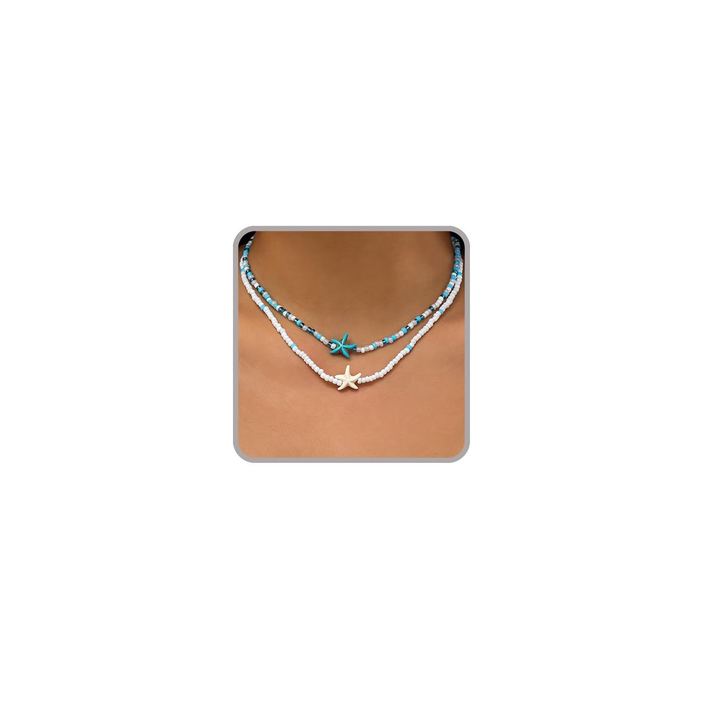 Sora Tuki Layered Starfish Necklace Beach Jewelry for Women Seashell Cowrie Puka Shell Necklaces for Women Beach Necklace Turtle Beaded Choker Necklaces Ocean Jewelry (2 - Beaded starfish)