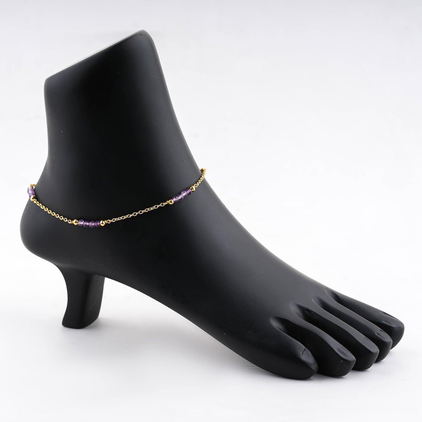 CRYSTALINES Natural Amethyst Gemstone Beads, Handmade Station Dangle Star Charms Anklet, 14K Gold Plated, Adjustable Fashion Boho Jewelry for Women, Healing Crystals, Christmas Gift