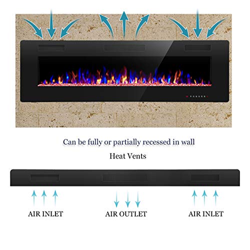 R.W.FLAME 60" Recessed and Wall Mounted Electric Fireplace, Low Noise, Fit for 2 x 6 Stud, Remote Control with Timer, Touch Screen, Adjustable Flame Color and Speed, 750-1500W