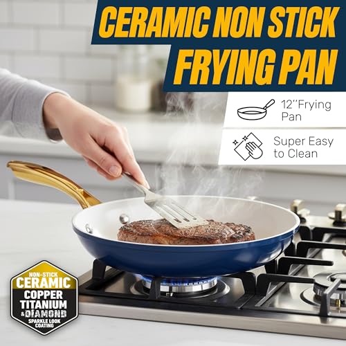 Gotham Steel 12 Pc Ceramic Cookware Set Nonstick, Ceramic Pots and Pans Set Non Stick with Steamer for Cooking, Non Toxic PFOA PFOS Free, Premium Stay Cool Handles, Oven & Dishwasher Safe